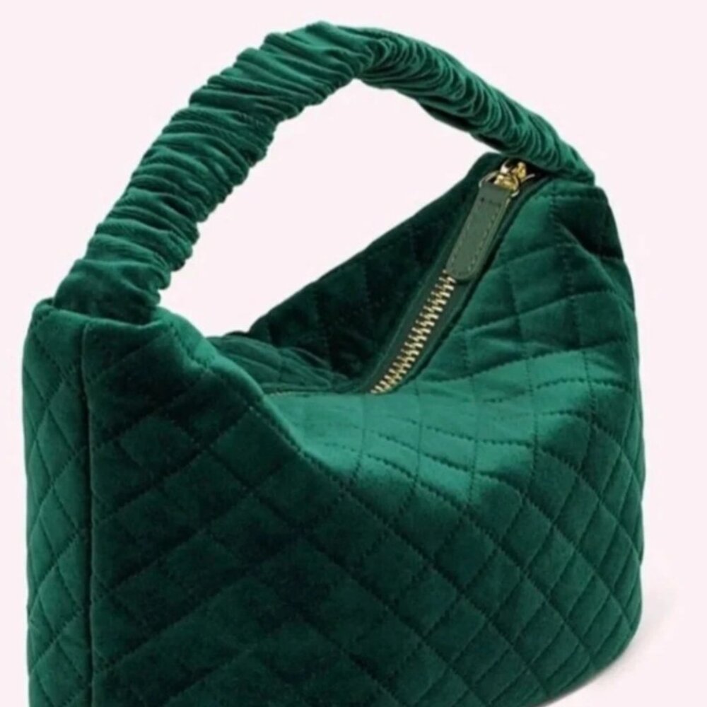 NWT Stoney Clover Lane Green Velour Quilted Shoulder Bag Handbag Top Handle Bag